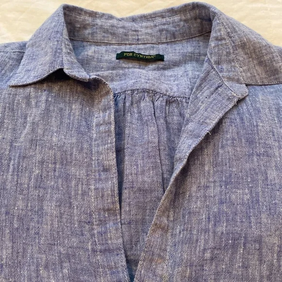 For Cynthia Blue Linen/Cotton Blend 2-Pocket Tunic - Picture 2 of 9